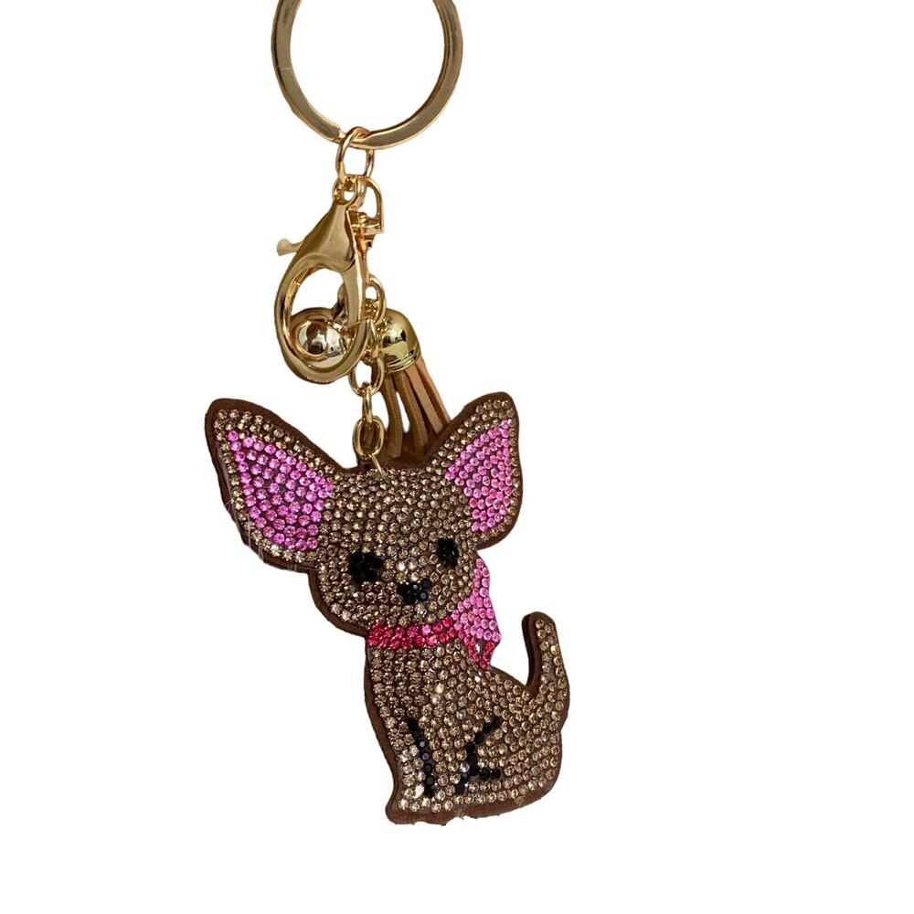 CHIHUAHUA Dog Key Ring Fob Clip on Plush Purse Charm Rhinestones Bling Brown - Picture 2 of 13